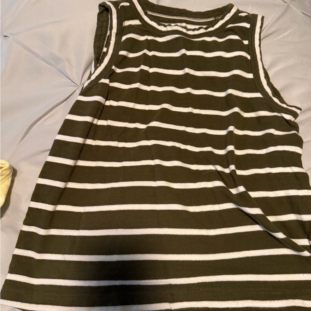 Striped Olive Green & White Sleeveless Tank